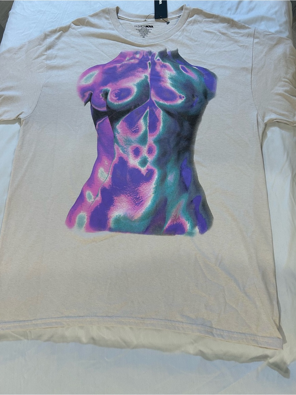 Fashion Nova Beige Tee with Purple and Teal Graphic Torso